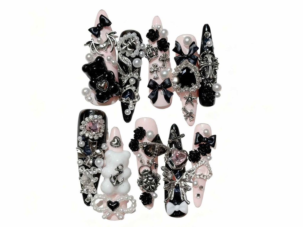 Gothic Punk Style Stiletto Press-on Nails with 3D Charms, Black Pink Pearl Rhinestone