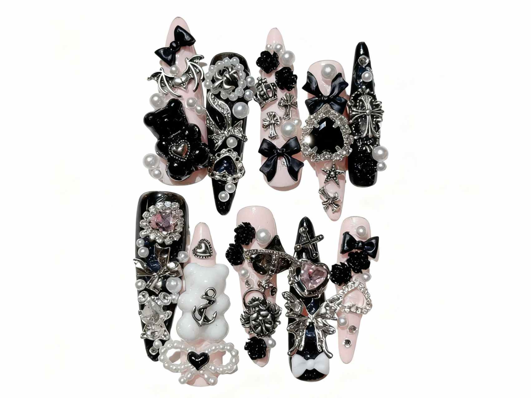 Gothic Punk Style Stiletto Press-on Nails with 3D Charms, Black Pink Pearl Rhinestone