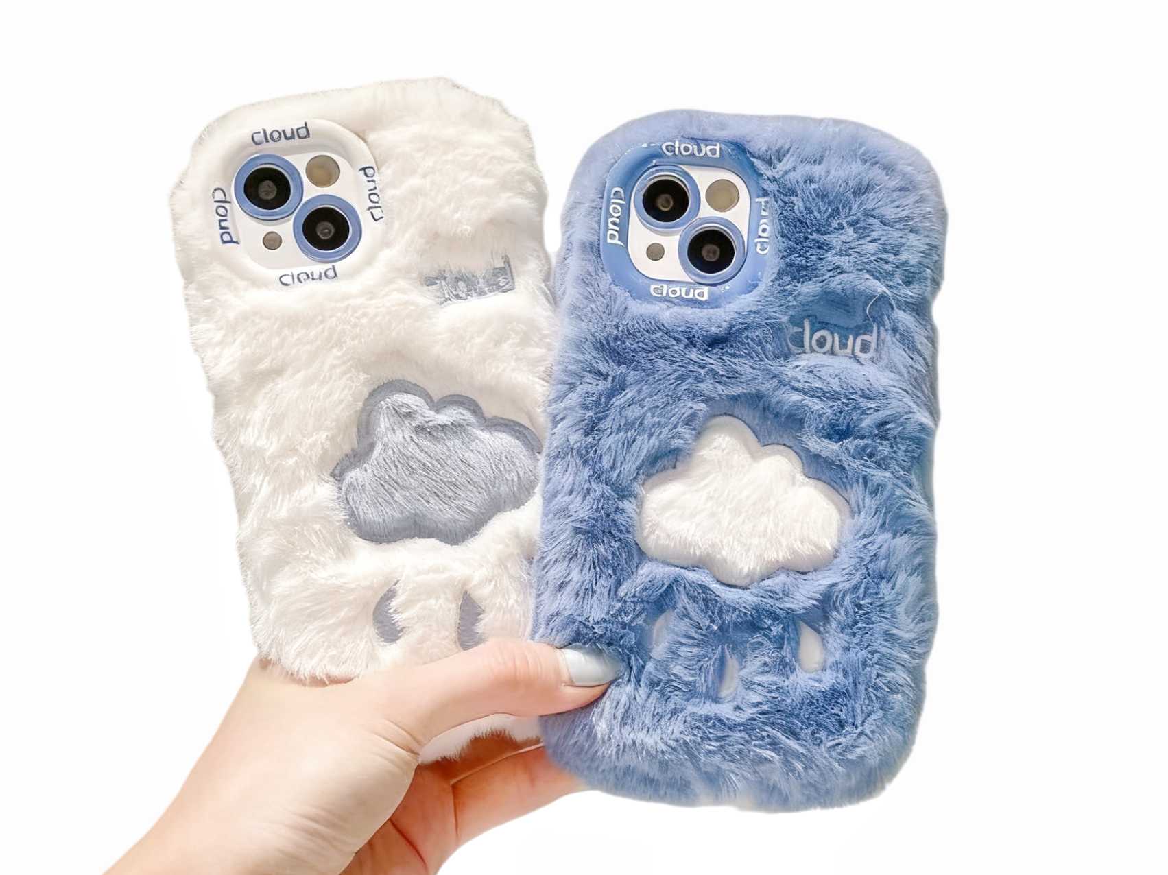 Stylish Blue and White Plush Cloud Phone Case - Fluffy Cover for a Sweet and Cozy Feel, Model Updated to iPhone 17