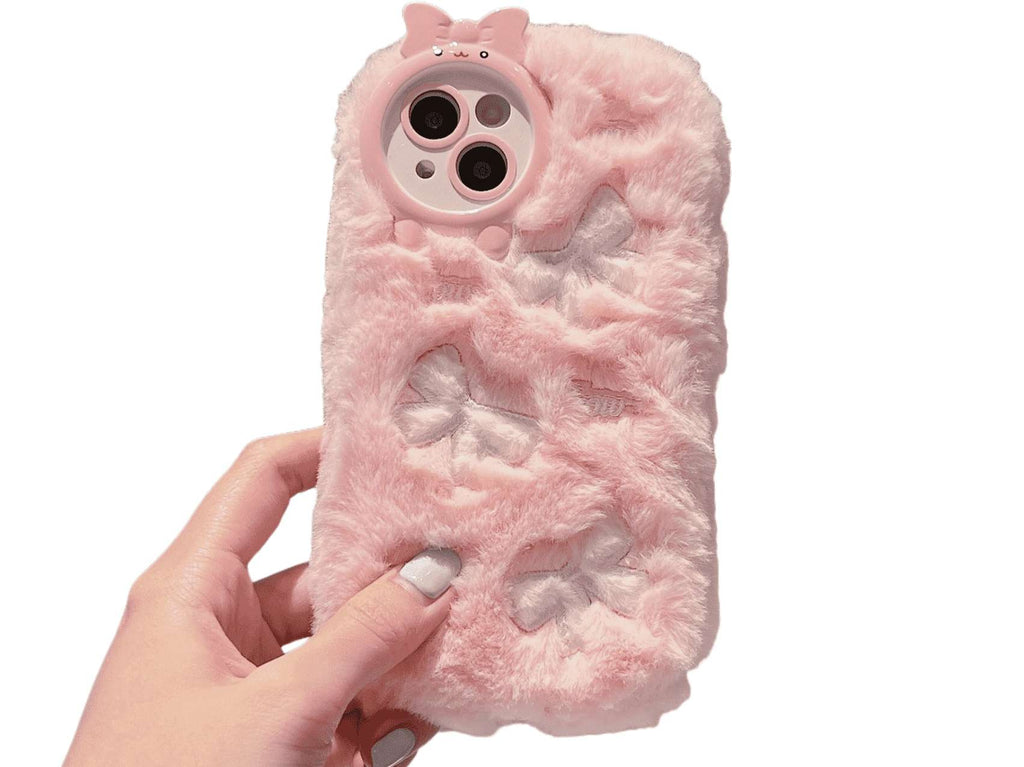 Fluffy Pink Phone Case with Sweet Bowknots - Soft Plush Protector for Your iPhone, Stylish & Cozy, Model Updated to iPhone 17