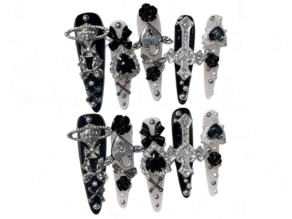 Fashion - Forward Long Stiletto Press-on Nails with Black and White Color and Decor Elements