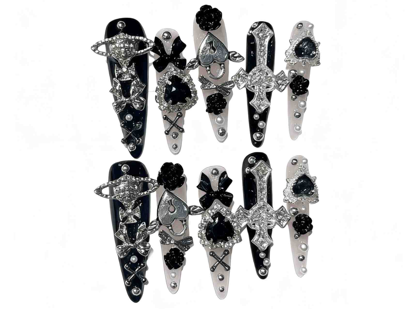 Fashion - Forward Long Stiletto Press-on Nails with Black and White Color and Decor Elements