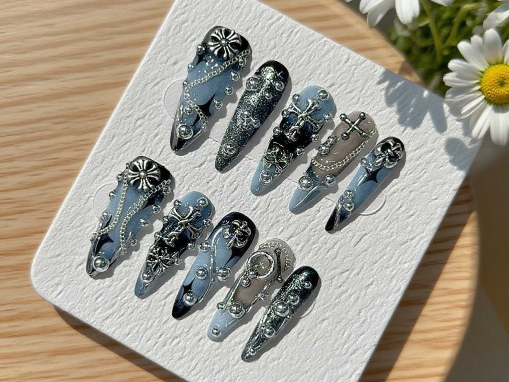 Edgy Gradient Blue Long Almond Press-on Nails for Fashion Lovers