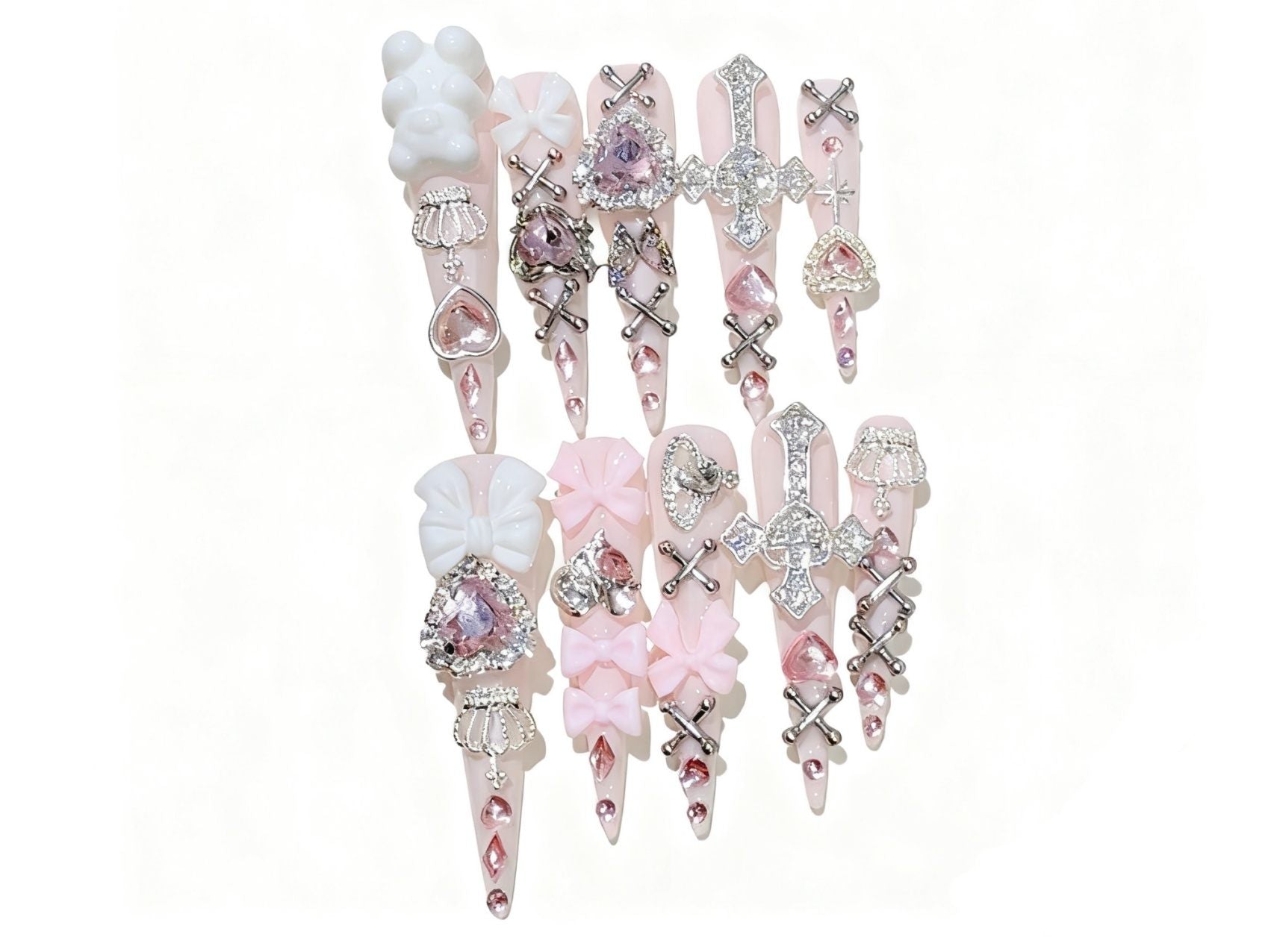 Gothic Lolita Pink Stiletto Super Long Press-on Nails with Bows & Bear Charms