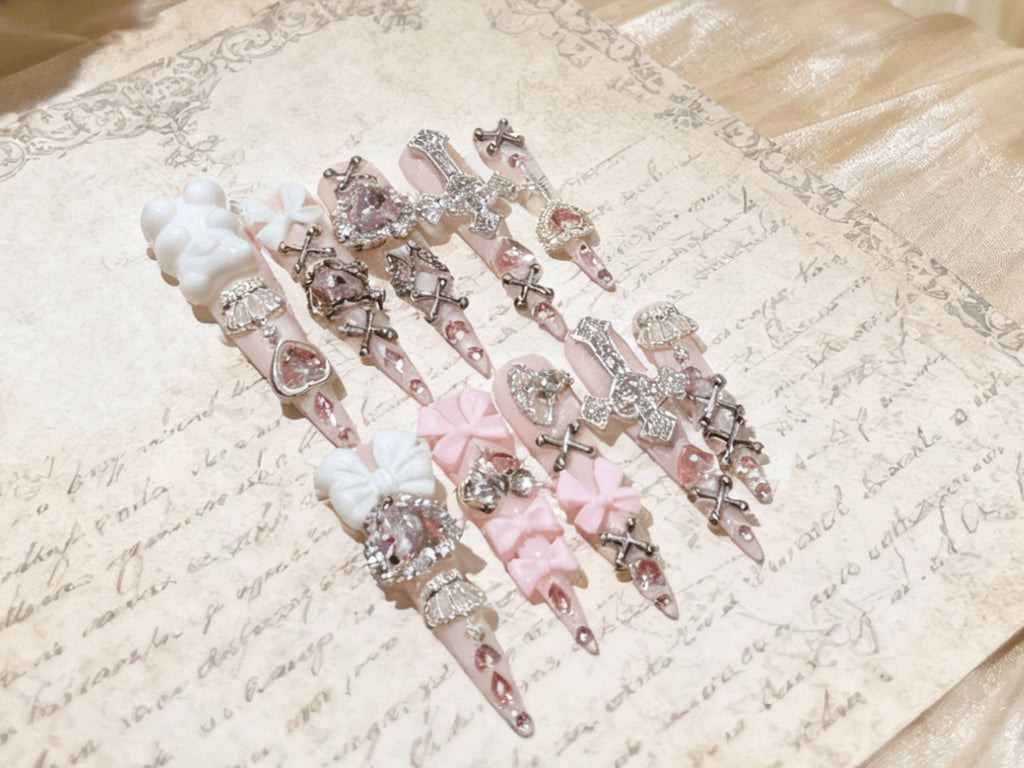 Gothic Lolita Pink Stiletto Super Long Press-on Nails with Bows & Bear Charms