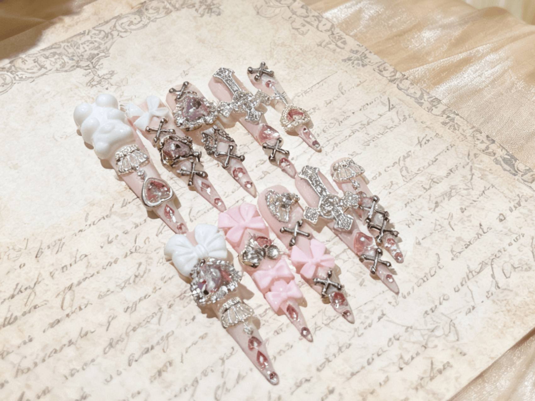 Gothic Lolita Pink Stiletto Super Long Press-on Nails with Bows & Bear Charms