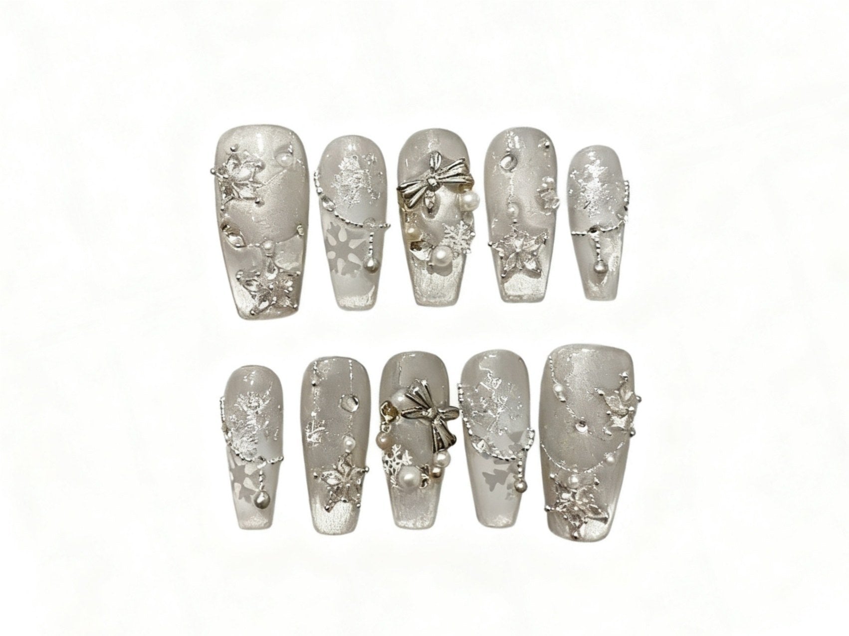 Elegant White Snowflake & Bow Accent Long Coffin Press-on Nails, with Delicate Art Design, Perfect for Winter & Holiday Wear