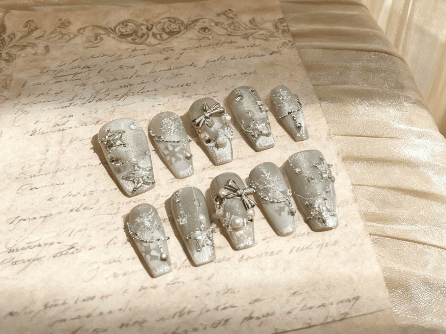 Elegant White Snowflake & Bow Accent Long Coffin Press-on Nails, with Delicate Art Design, Perfect for Winter & Holiday Wear