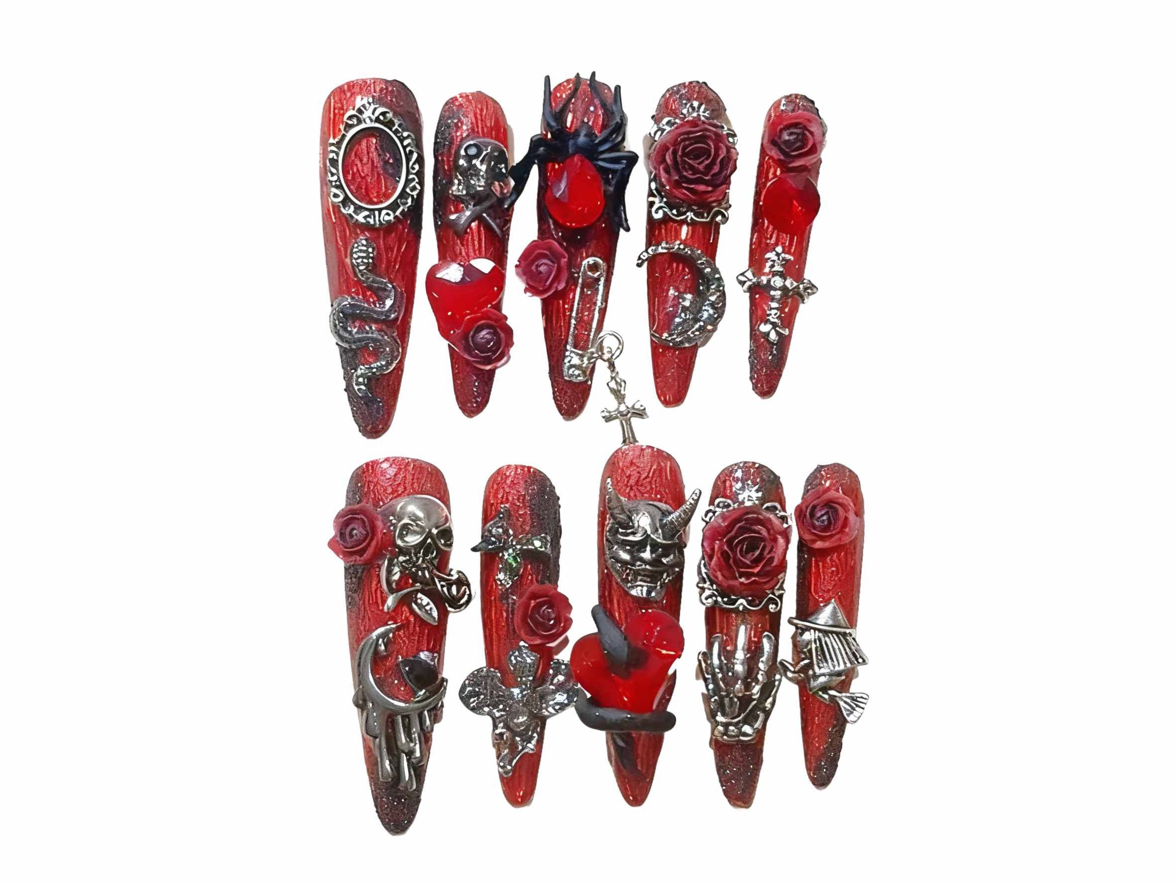 Edgy Red Stiletto Wearable Nails, Gothic - inspired Design with Rose, Spider & Devil Mask Decor, Trendy Press-on Nails