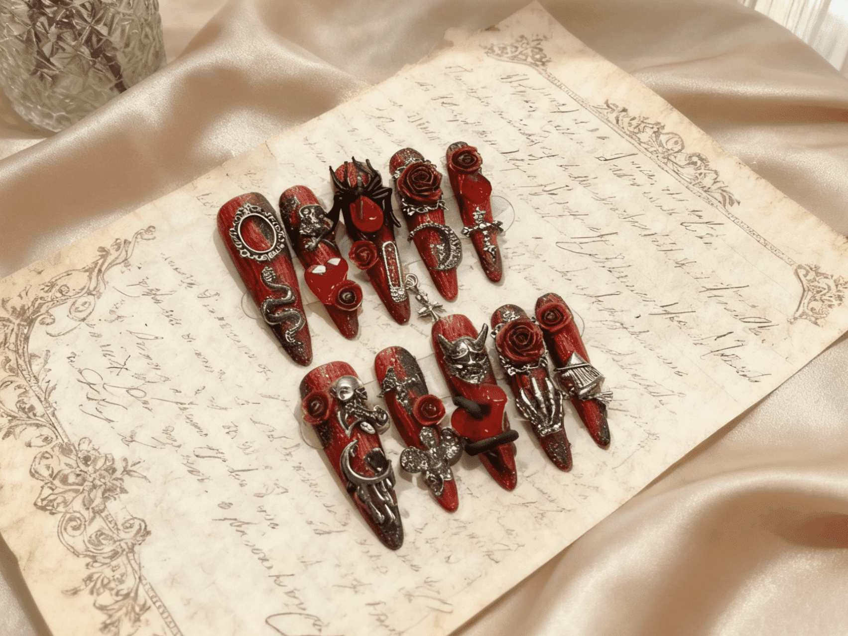 Edgy Red Stiletto Wearable Nails, Gothic - inspired Design with Rose, Spider & Devil Mask Decor, Trendy Press-on Nails