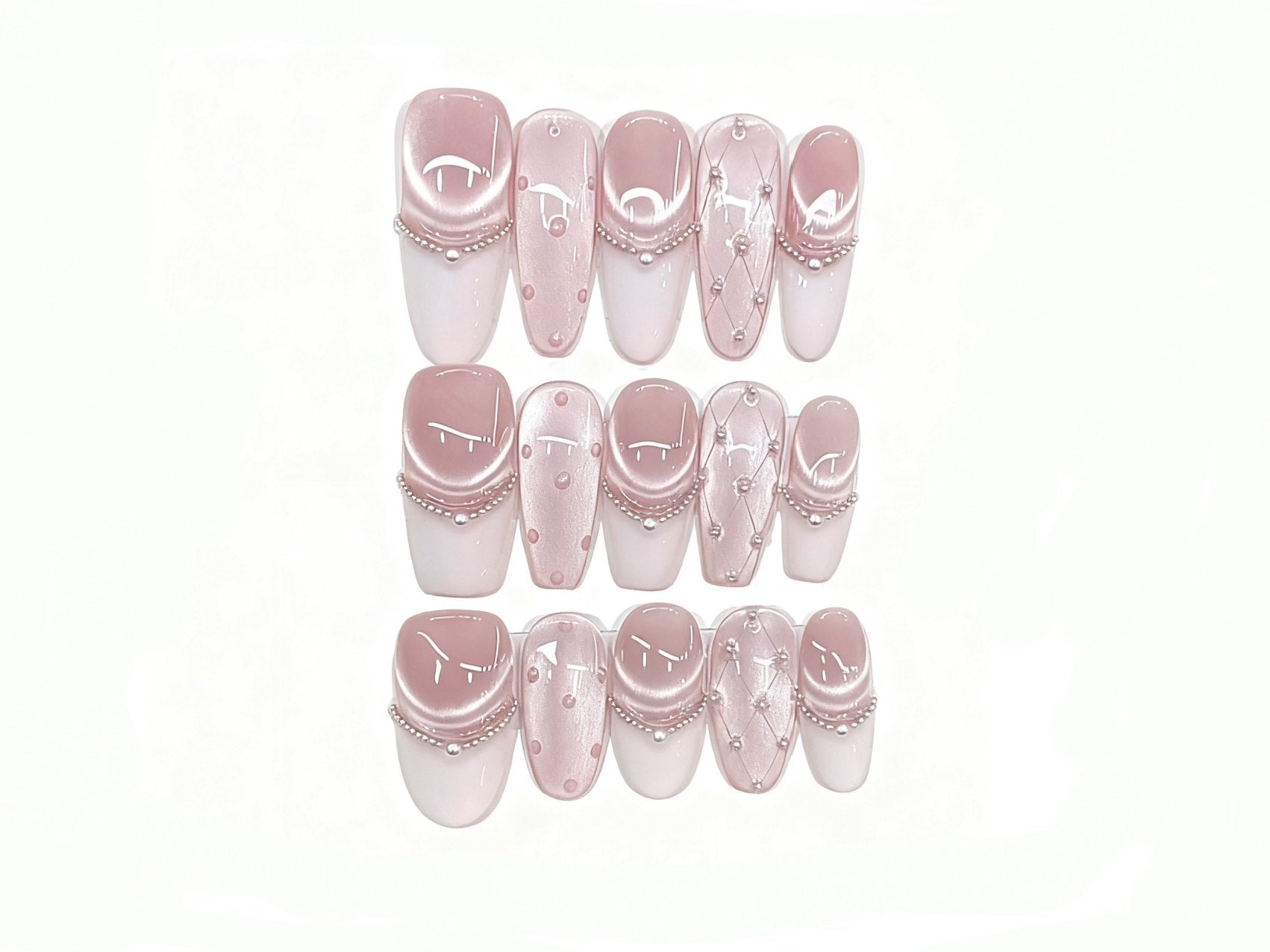 Sweet Pink Toned Press-on Nails with Elegant Bead Accents for Fashion - forward Styles