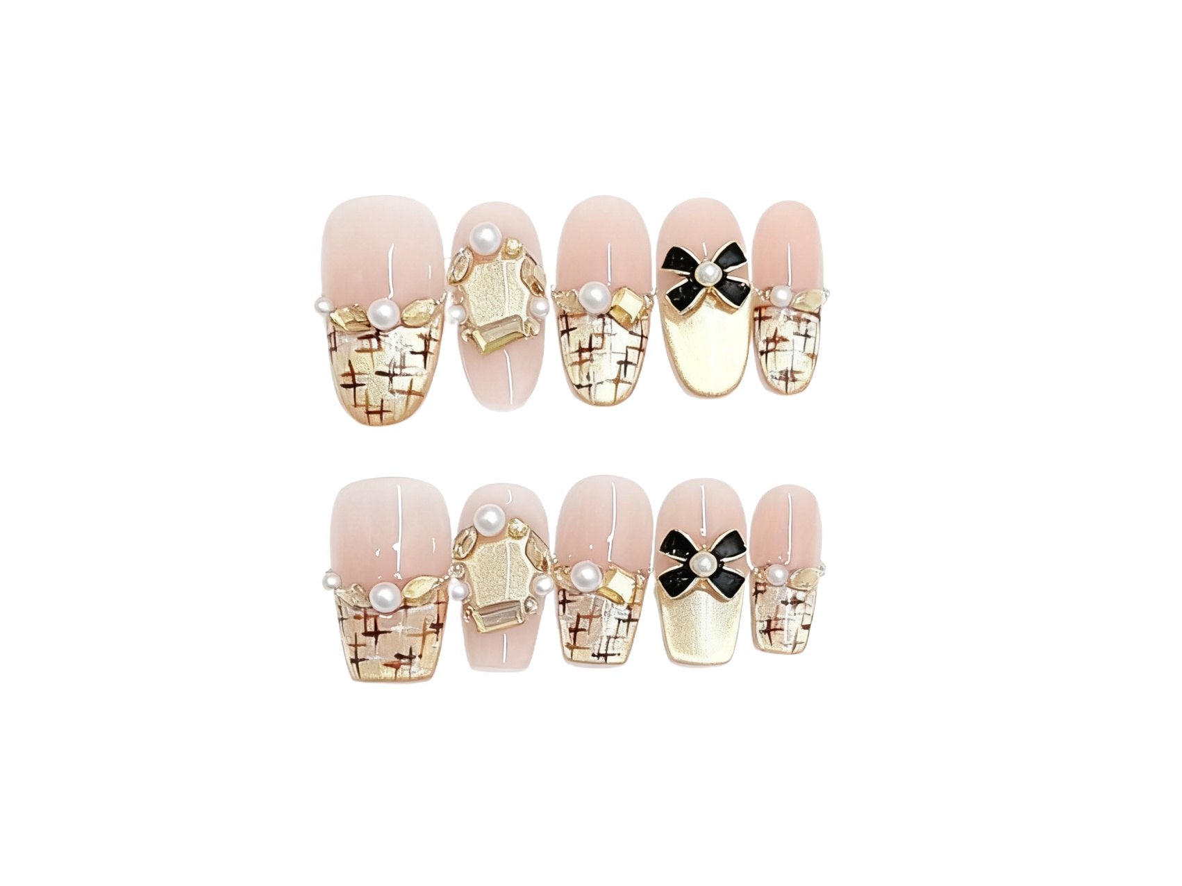 Elegant Pink and Gold Plaid Pearl Decorated Press-on Nails for Women, Stylish Bow - Embellished Wearable Nails