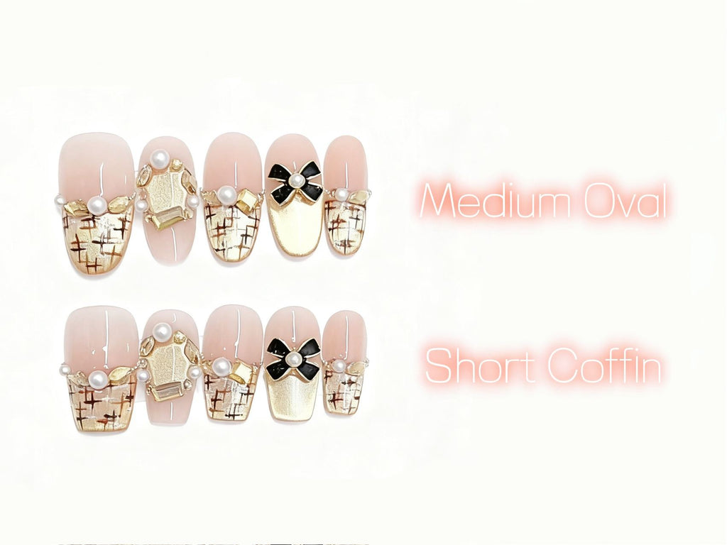 Elegant Pink and Gold Plaid Pearl Decorated Press-on Nails for Women, Stylish Bow - Embellished Wearable Nails