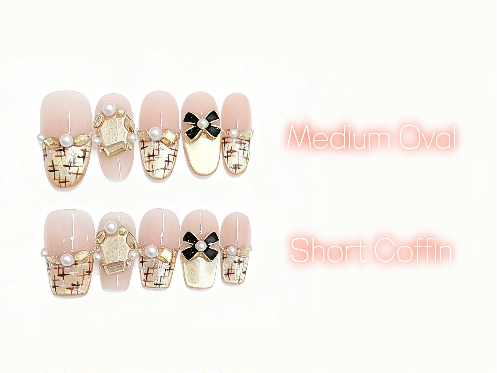 Elegant Pink and Gold Plaid Pearl Decorated Press-on Nails for Women, Stylish Bow - Embellished Wearable Nails