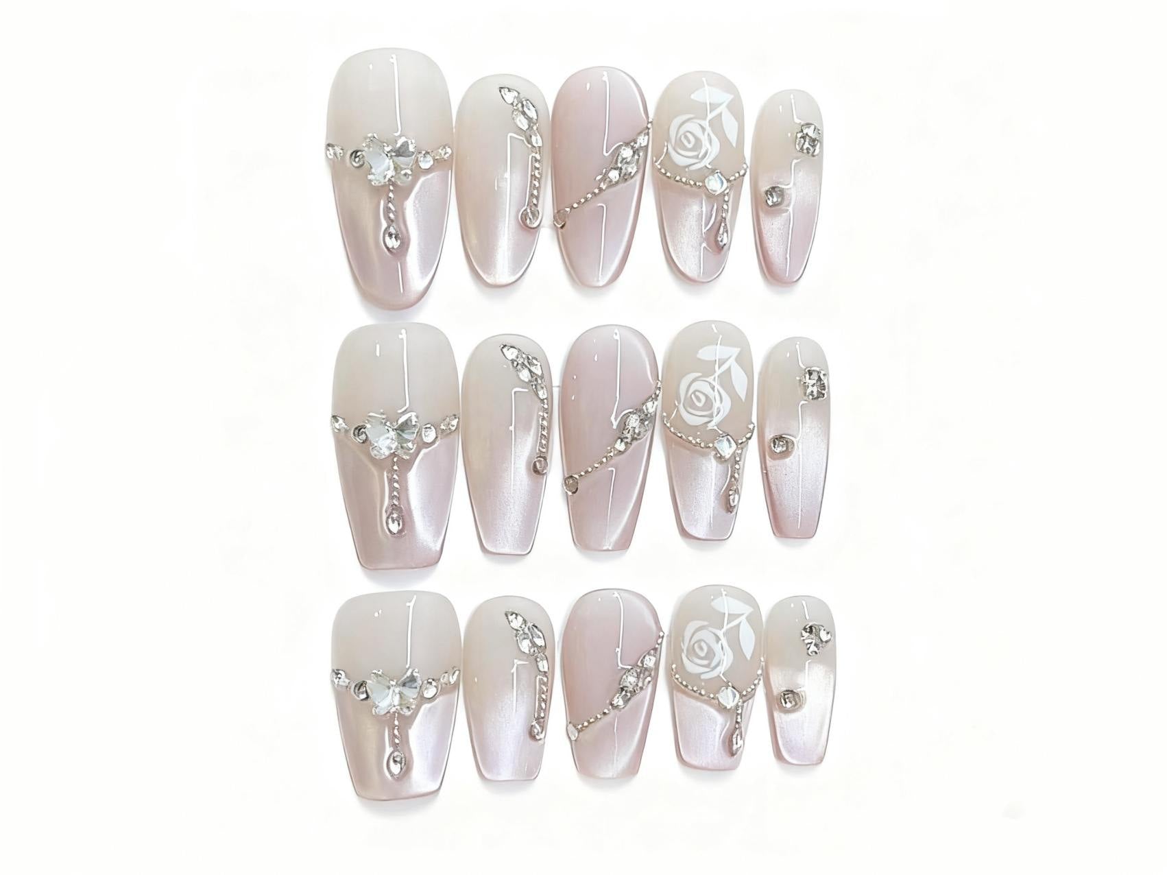 Classy Gradient Pink Press-on Nails with Delicate Rose Art and Shiny Details for a Sophisticated Look