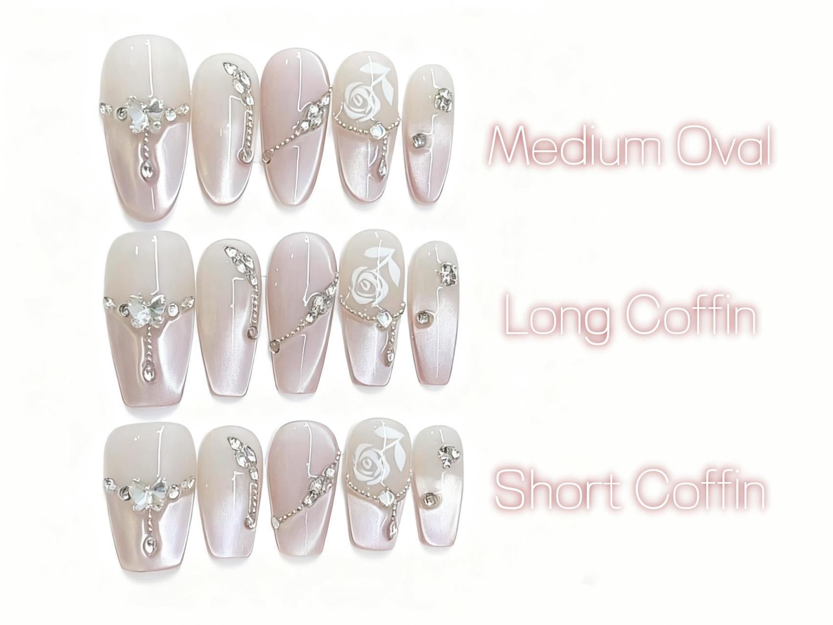 Classy Gradient Pink Press-on Nails with Delicate Rose Art and Shiny Details for a Sophisticated Look