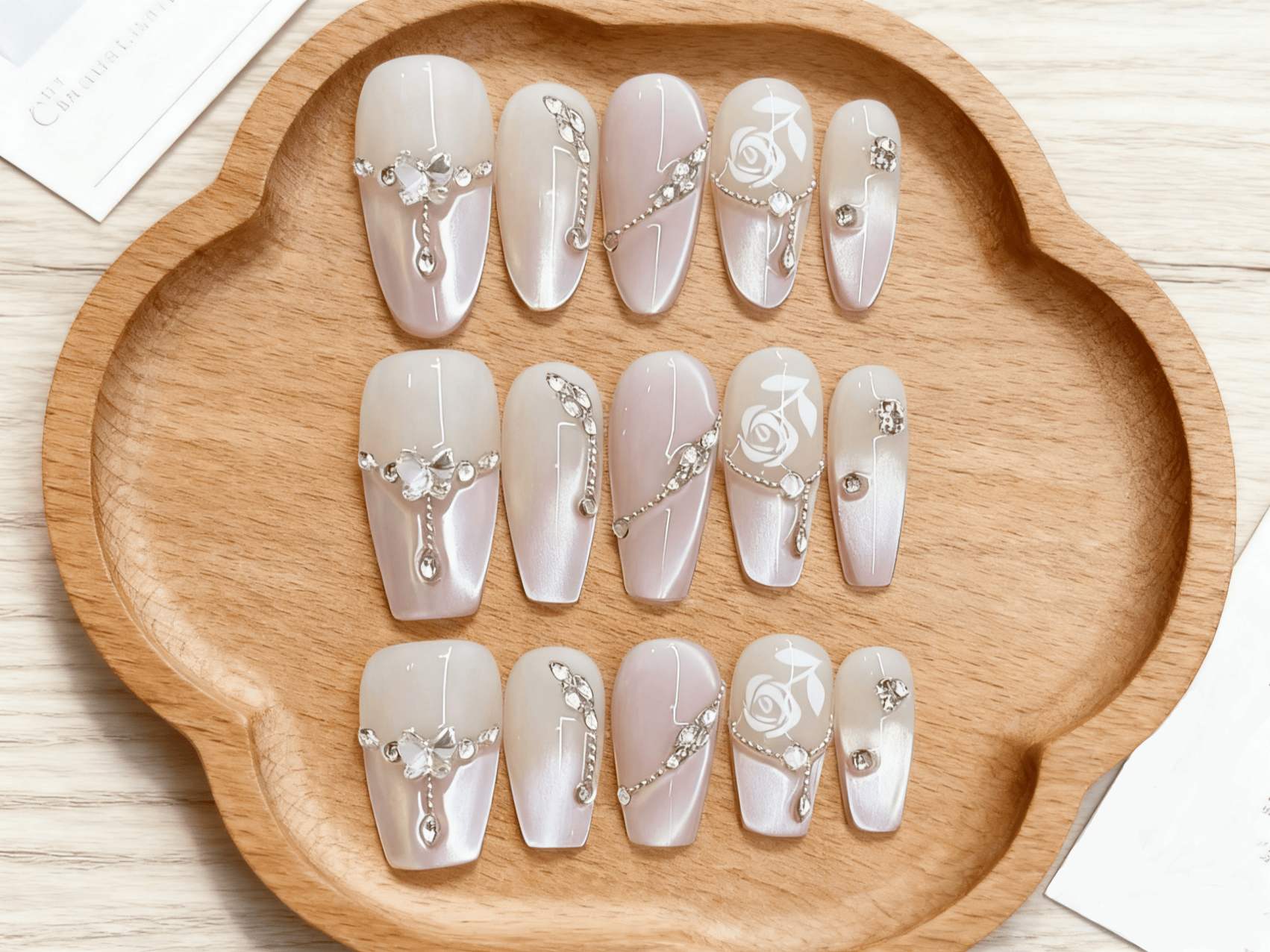 Classy Gradient Pink Press-on Nails with Delicate Rose Art and Shiny Details for a Sophisticated Look