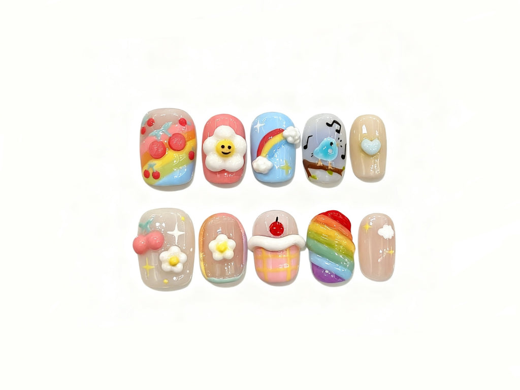Cute 3D Short Square Press-on Nails with Dopamine Style, Adorable Cartoon Designs for Daily Wear