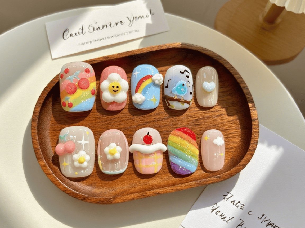 Cute 3D Short Square Press-on Nails with Dopamine Style, Adorable Cartoon Designs for Daily Wear