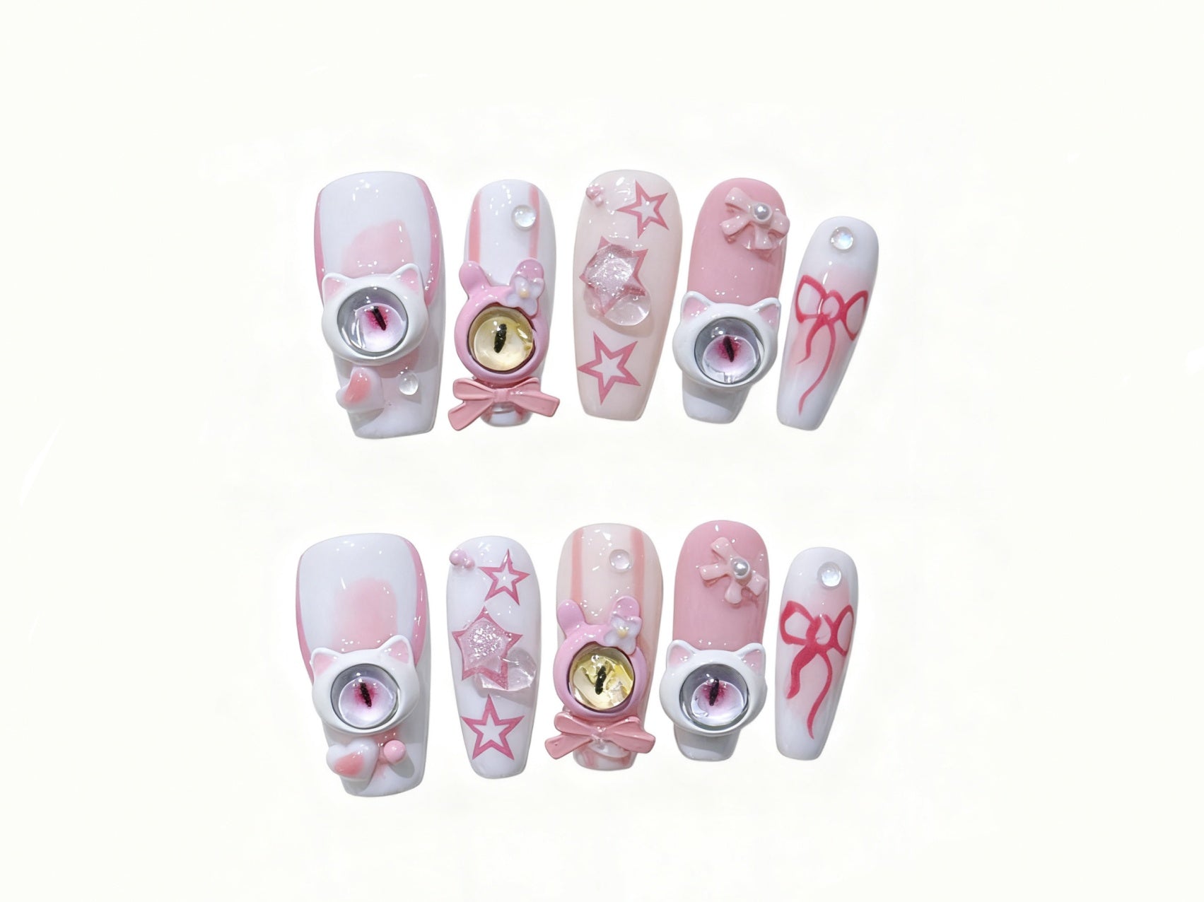 Cute Pink Long Coffin Press-on Nails with Little Devil Eyes & Bow Decor, Trendy Dopamine Style for Fashion - forward