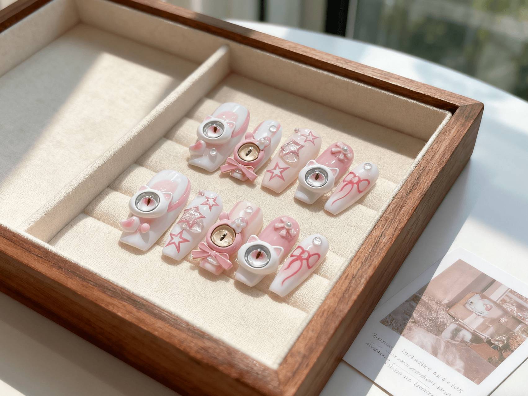 Cute Pink Long Coffin Press-on Nails with Little Devil Eyes & Bow Decor, Trendy Dopamine Style for Fashion - forward