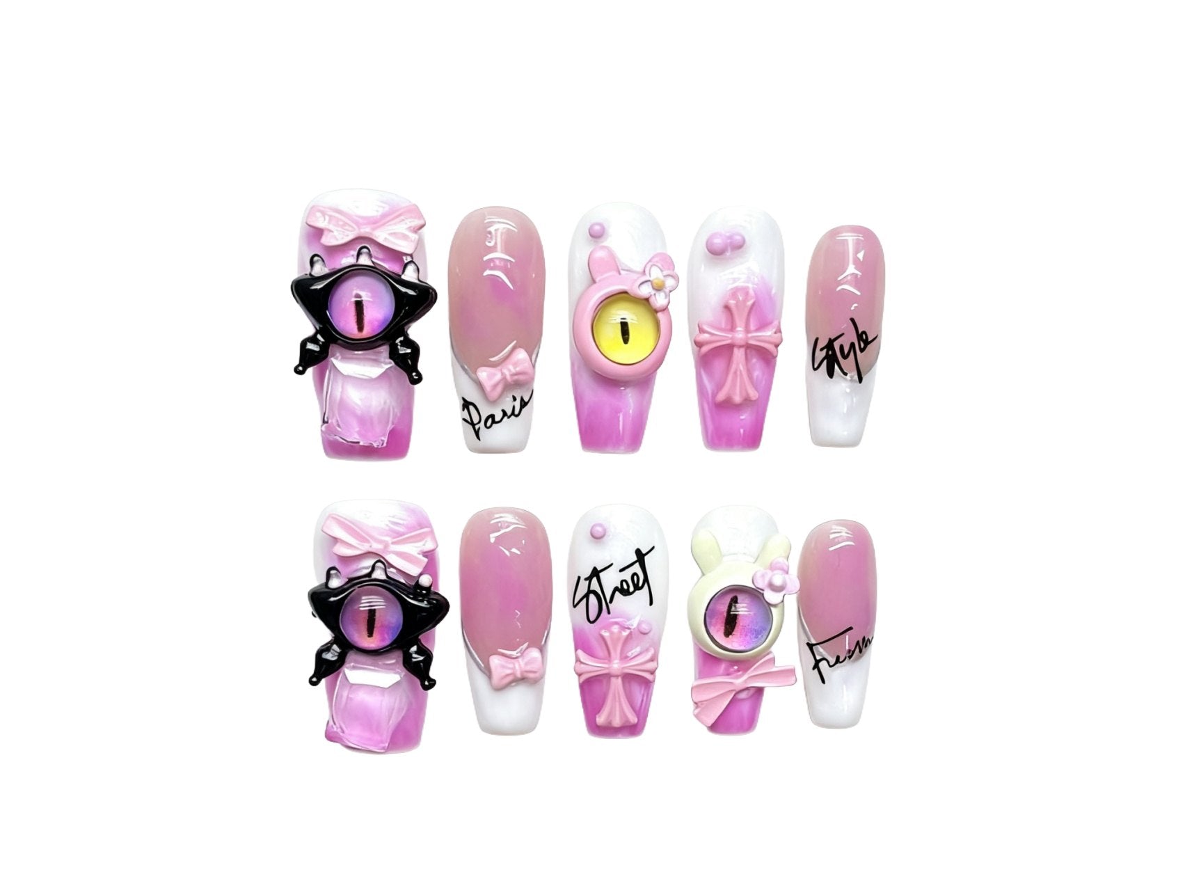 Cute Pink Monster Eye Long Coffin Press-on Nails with Bow & Cross Decor, Trendy Dopamine Style