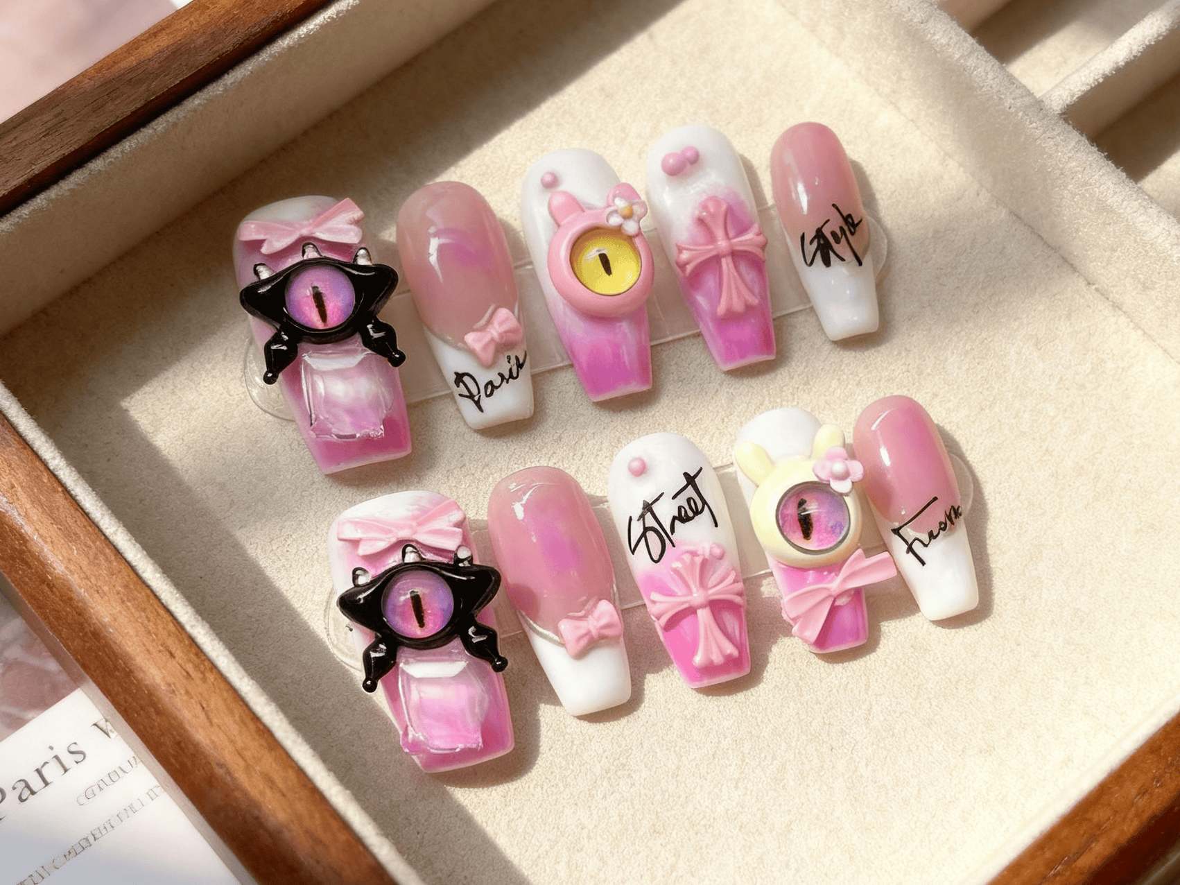 Cute Pink Monster Eye Long Coffin Press-on Nails with Bow & Cross Decor, Trendy Dopamine Style