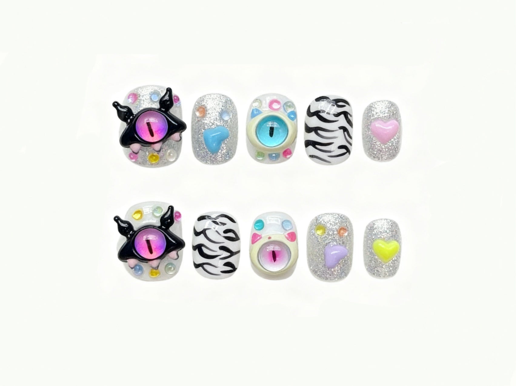 Fun Short Square Press-on Nails: Cute Monster & Vibrant Heart Designs