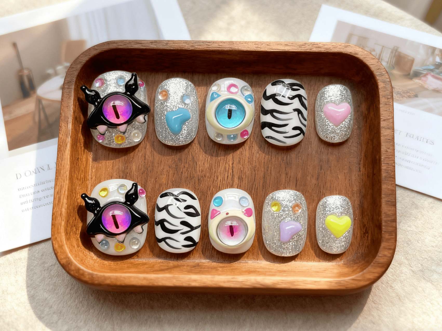 Fun Short Square Press-on Nails: Cute Monster & Vibrant Heart Designs
