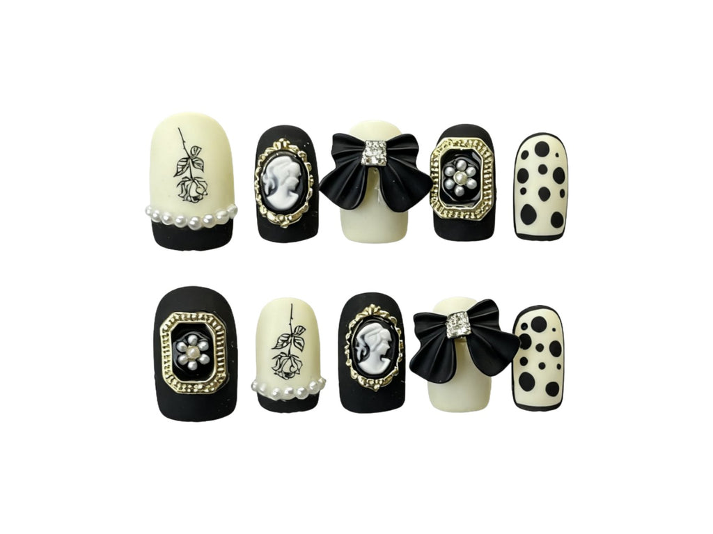 Black Short Square Press-on Nails Featuring Pearl & Polka Dot Details