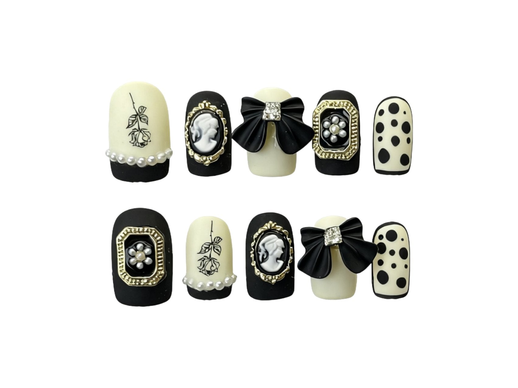 Black Short Square Press-on Nails Featuring Pearl & Polka Dot Details