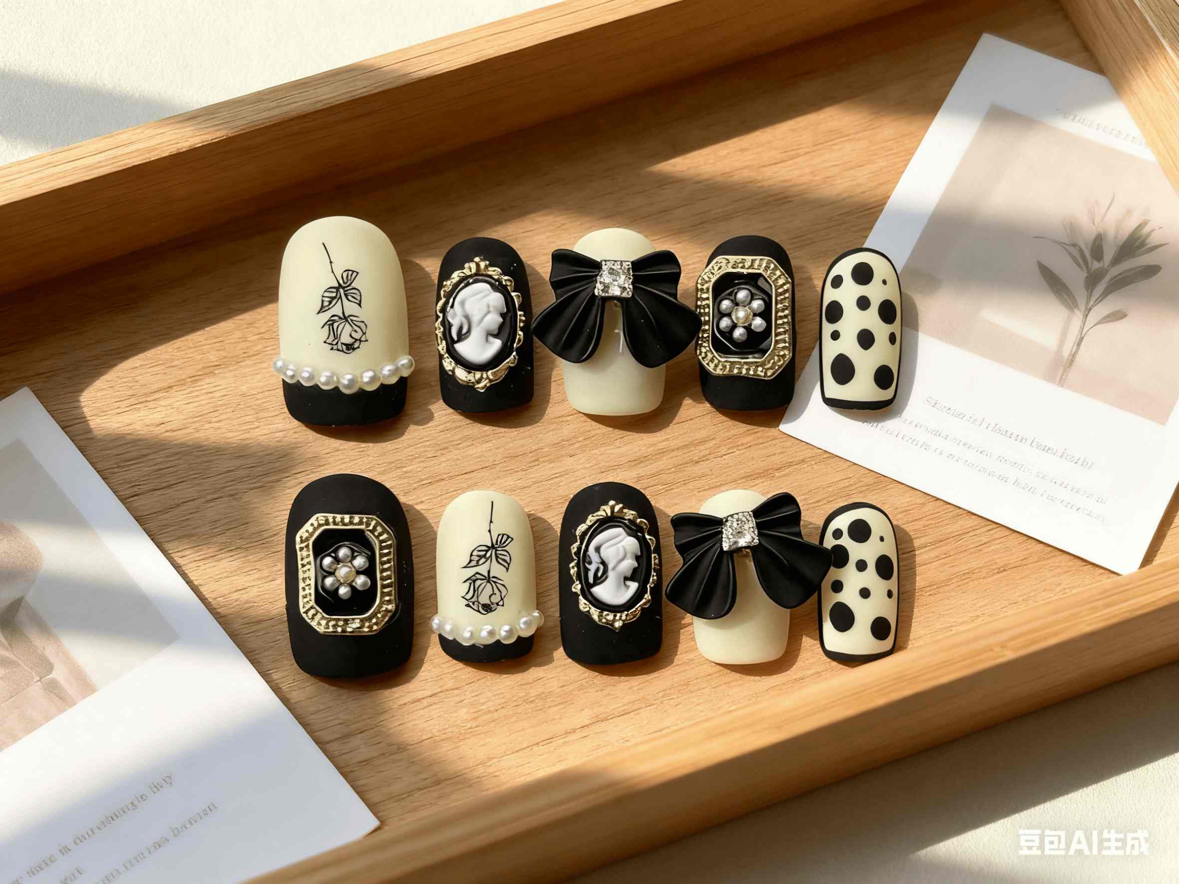 Black Short Square Press-on Nails Featuring Pearl & Polka Dot Details