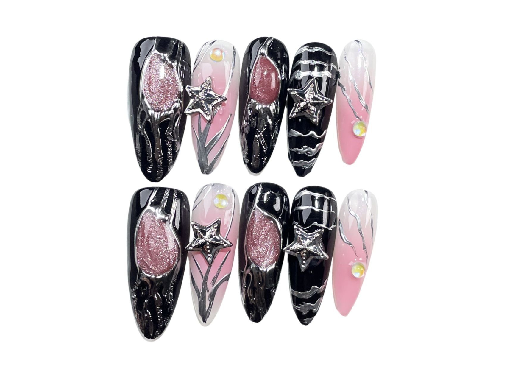 Bold Black and Pink Long Almond Press-on Nails, Star Accents & Artistic Silver Detailing for Unique Style