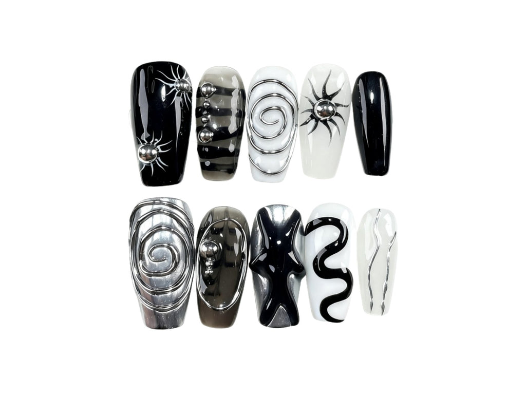 Art Deco Inspired Black White Medium Coffin Press-on Nails with Unique Spiral & Snake Designs