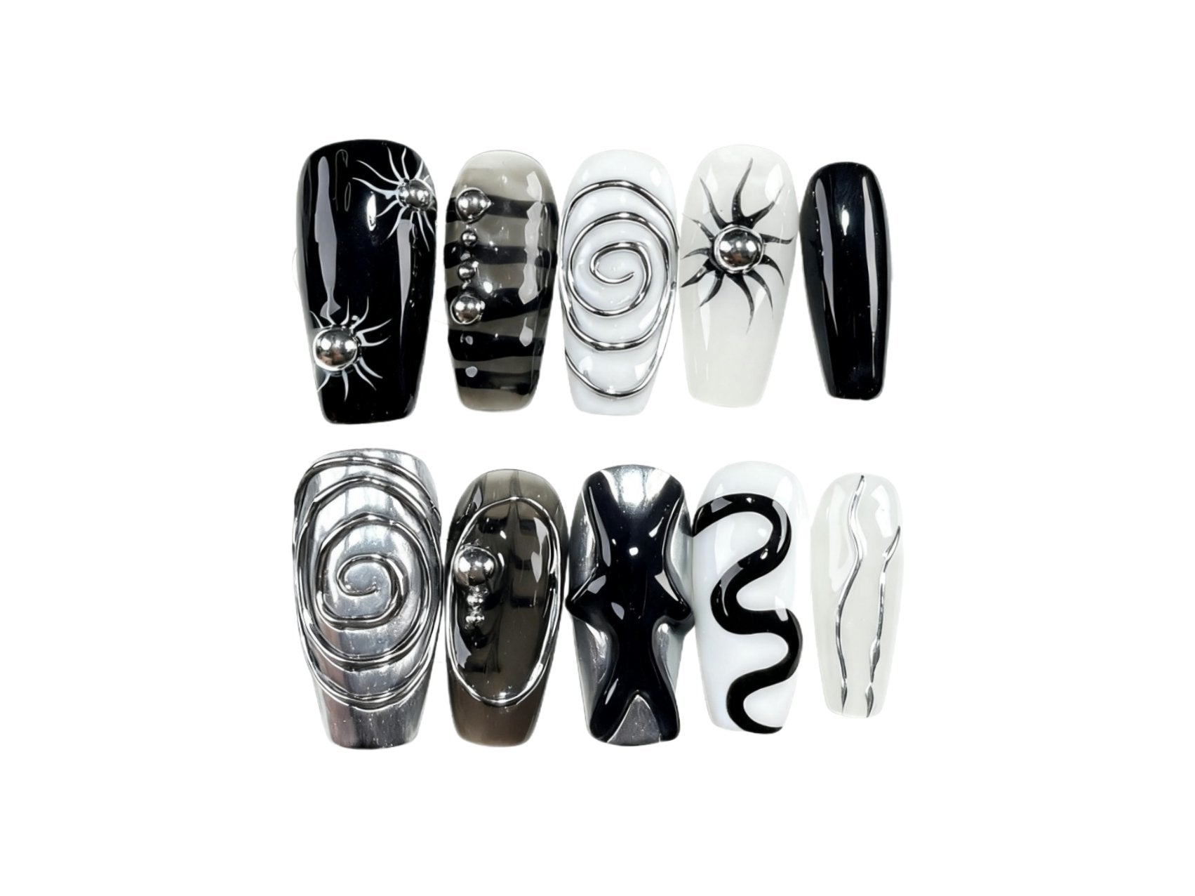 Art Deco Inspired Black White Medium Coffin Press-on Nails with Unique Spiral & Snake Designs