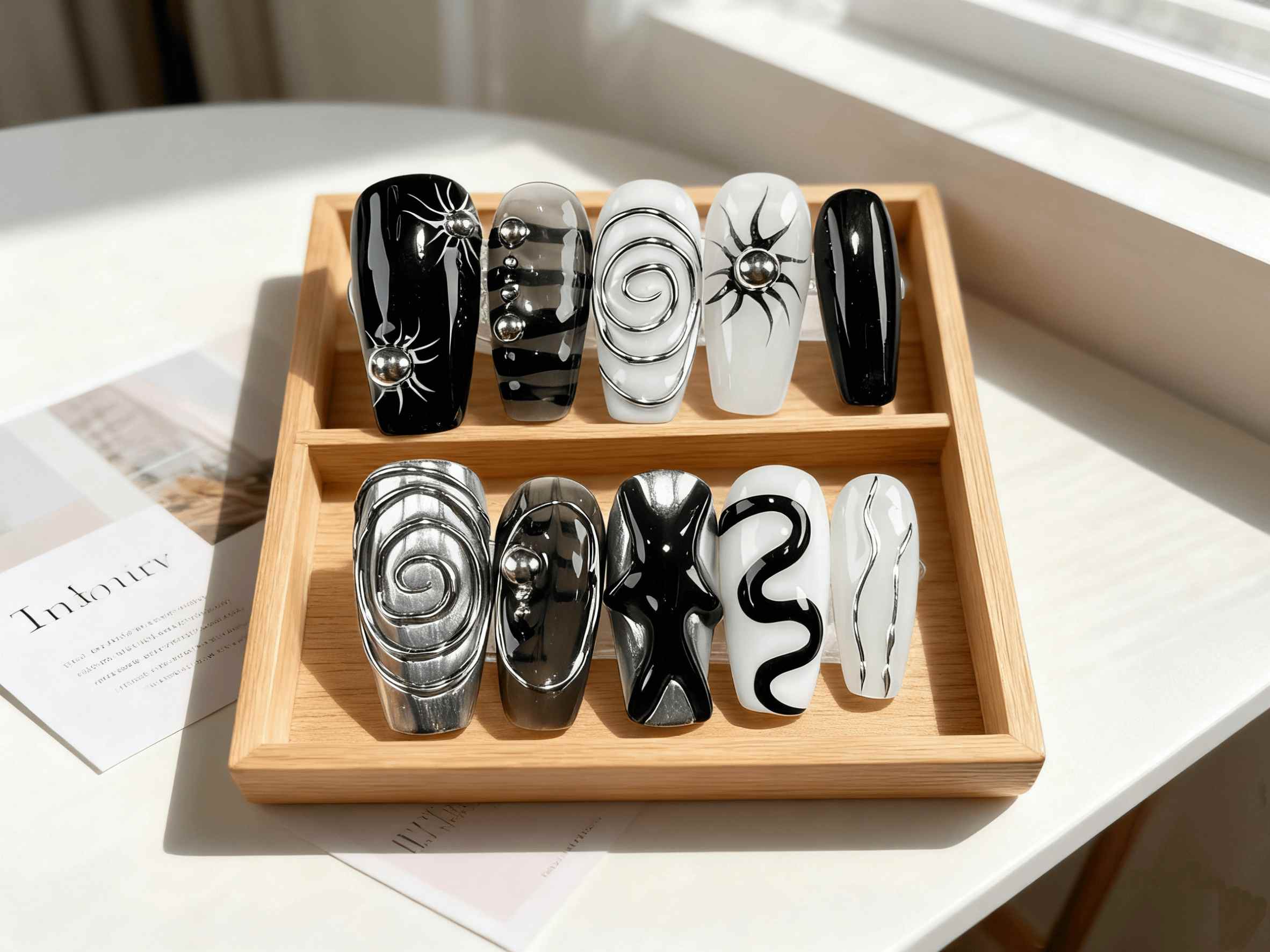 Art Deco Inspired Black White Medium Coffin Press-on Nails with Unique Spiral & Snake Designs