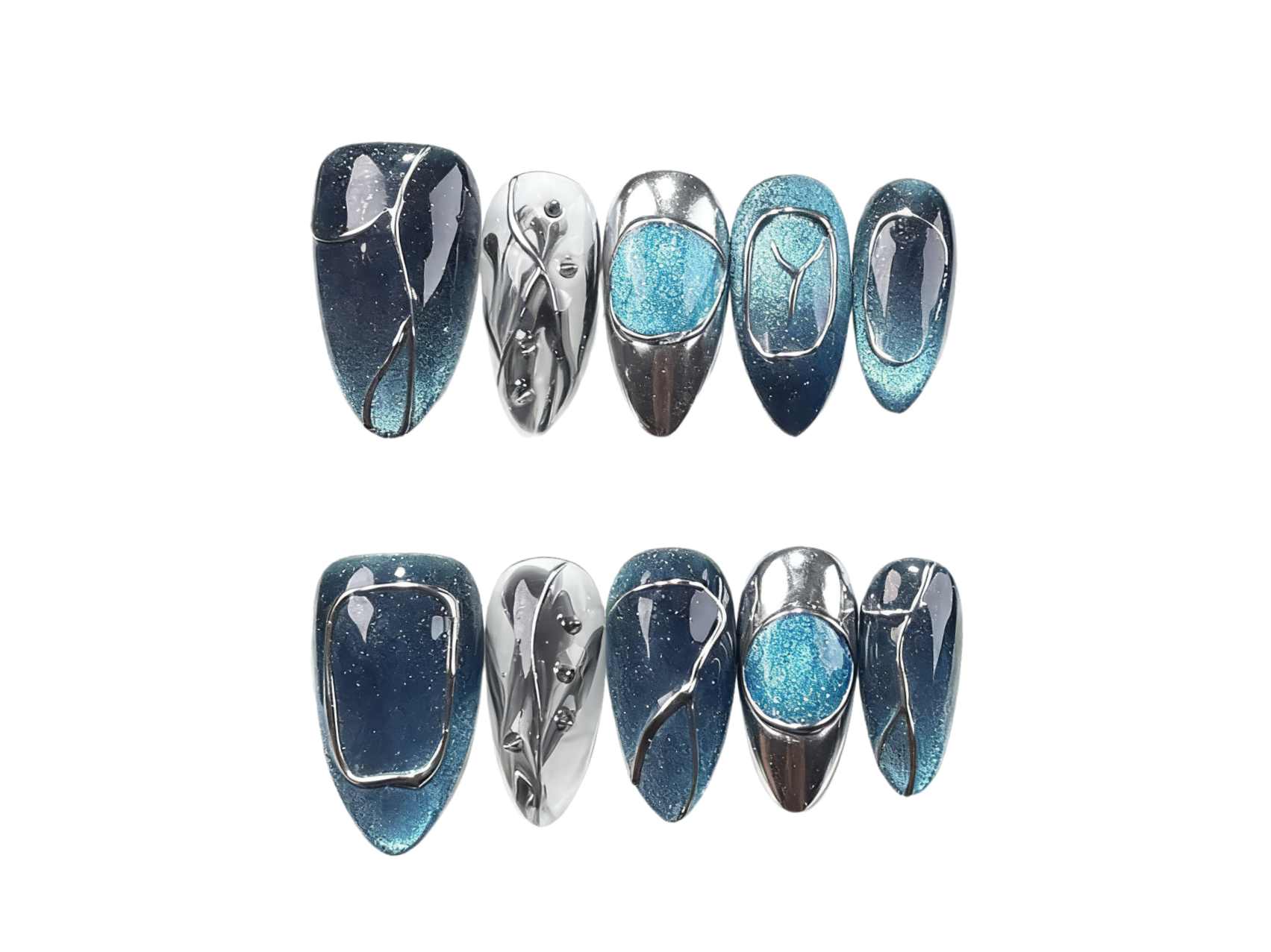 Stylish Almond Press-on Nails with Blue Cat Eye Effect, Cool Design for Fashion - Forward Fans