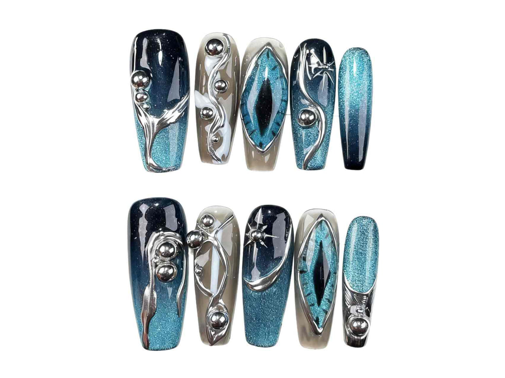 Bold Devil's Eye Blue - Black Gradient Long Coffin Press - on Nails, Stand Out from the Crowd