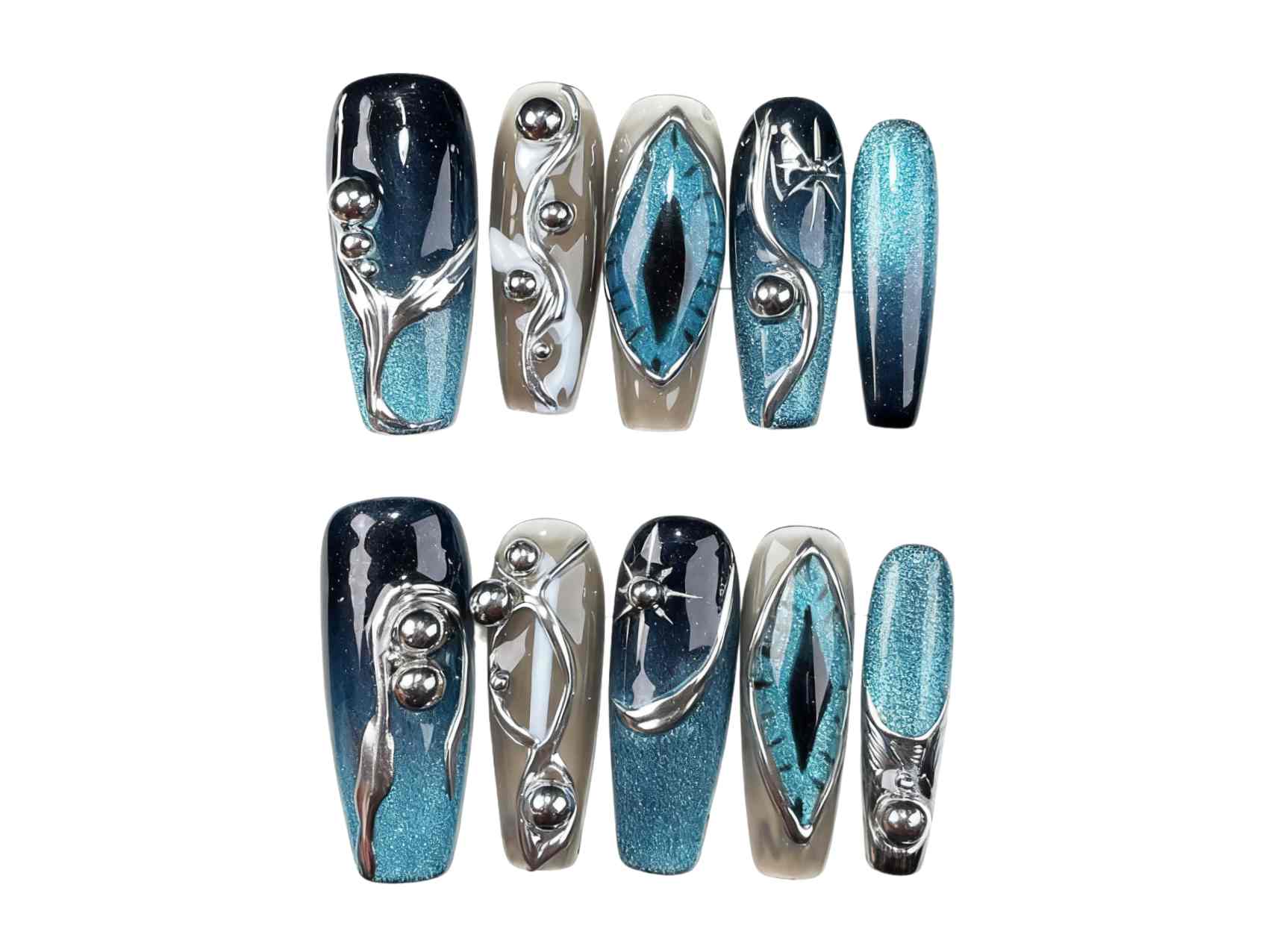 Bold Devil's Eye Blue - Black Gradient Long Coffin Press - on Nails, Stand Out from the Crowd