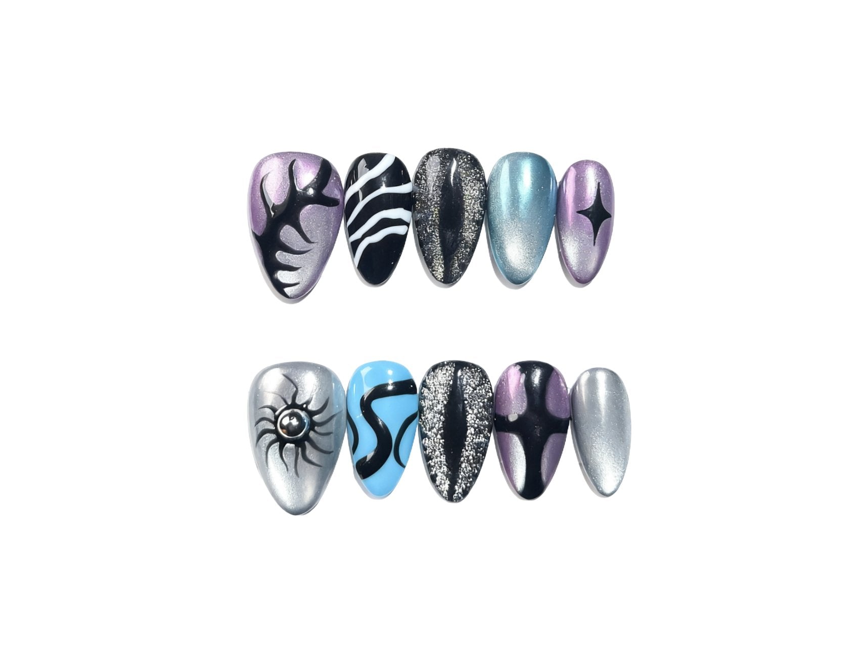 Gothic Style Short Almond Press - on Nails with Unique Patterns, Cat Eye Effect & Metallic Finishes