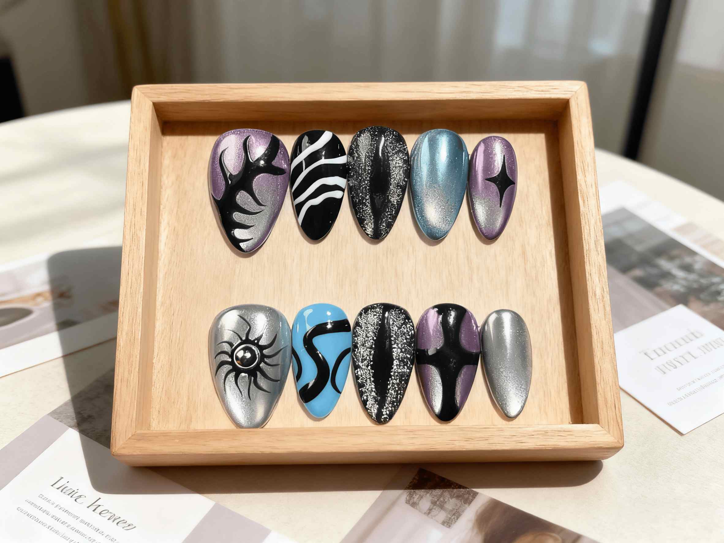 Gothic Style Short Almond Press - on Nails with Unique Patterns, Cat Eye Effect & Metallic Finishes