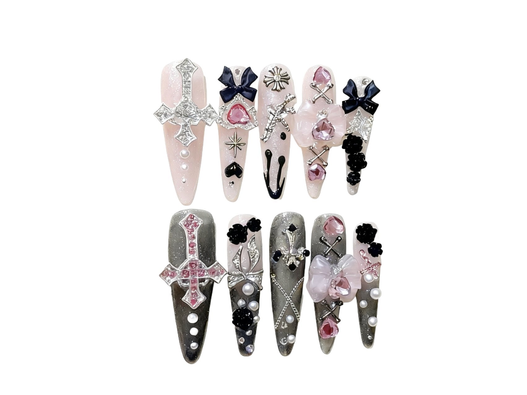Gothic Fairycore Long Almond Press - on Nails with Whimsical Cross & Bow Accents