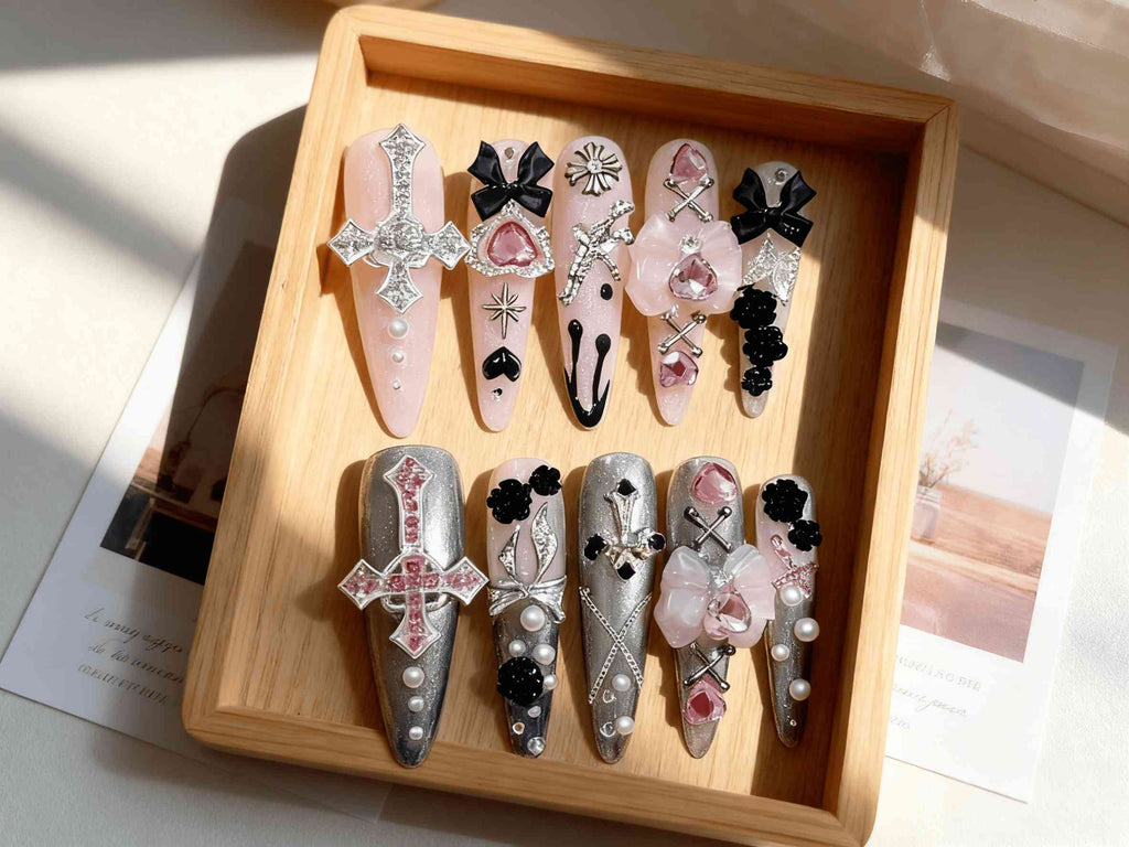 Gothic Fairycore Long Almond Press - on Nails with Whimsical Cross & Bow Accents