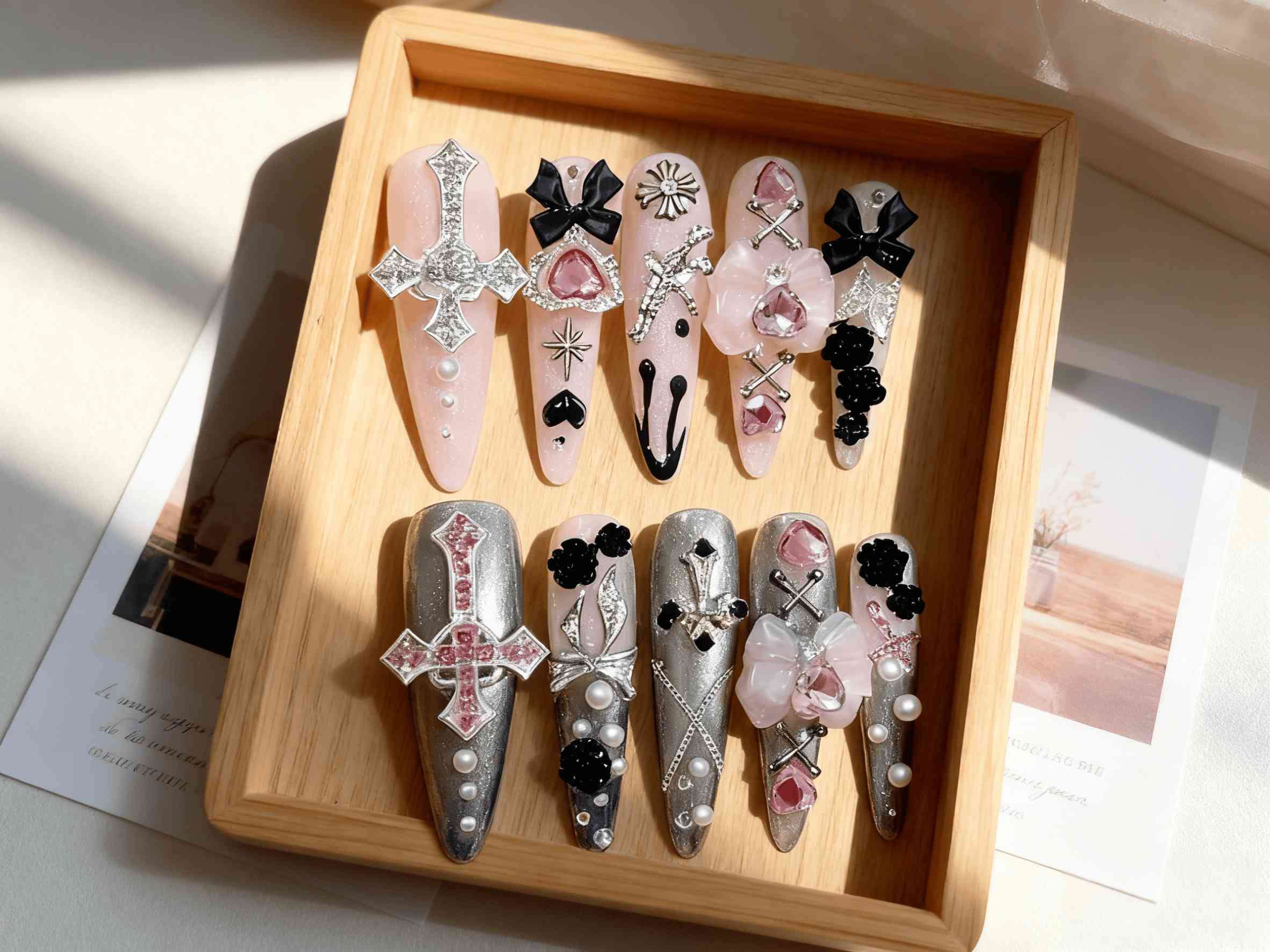 Gothic Fairycore Long Almond Press - on Nails with Whimsical Cross & Bow Accents