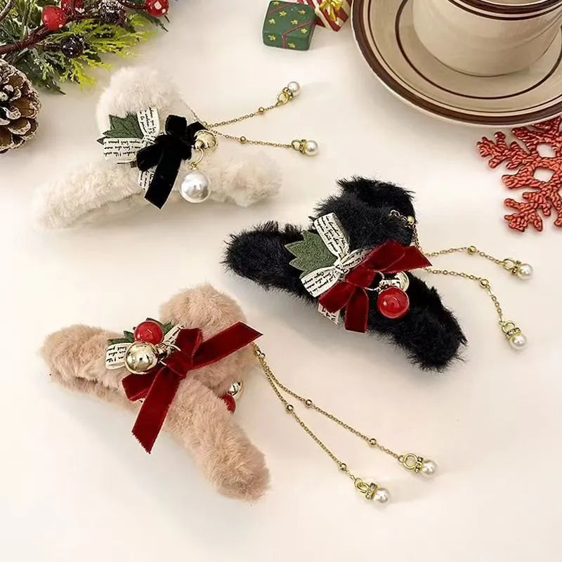 Christmas Theme Plush Tassel Claw Clips, 3pcs