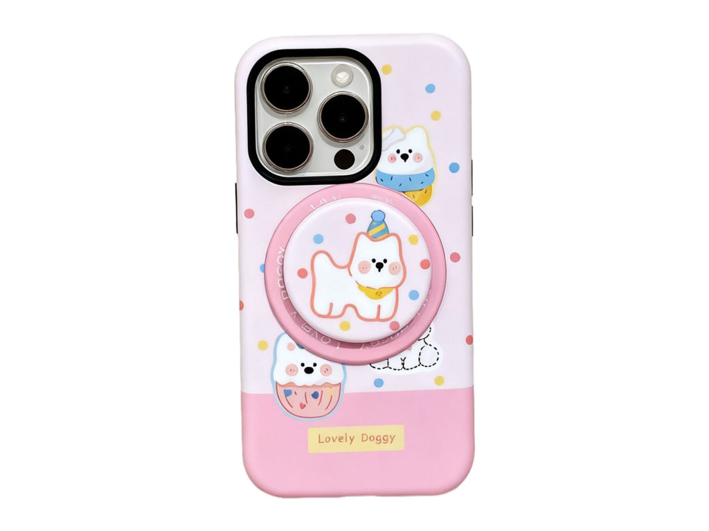 Vibrant Checkered Cute Dog Phone Case with Magnetic Grip, Blue/Pink/Red Colors, PC Material for Durable Phone Protection, Model Updated to iPhone 17