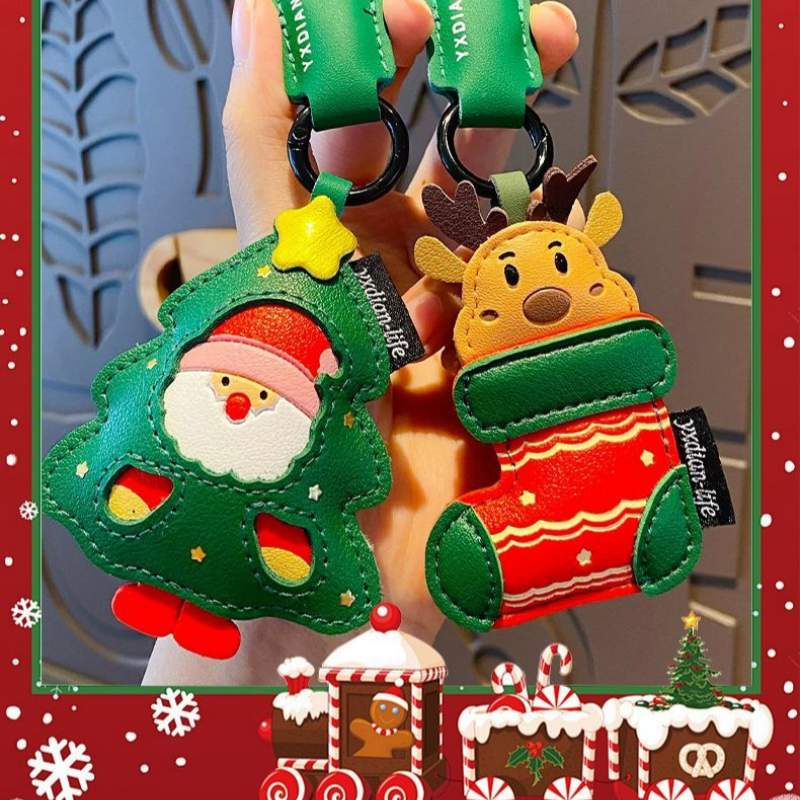 Faux Leather Cute Cartoon Santa Claus/Reindeer Keychain