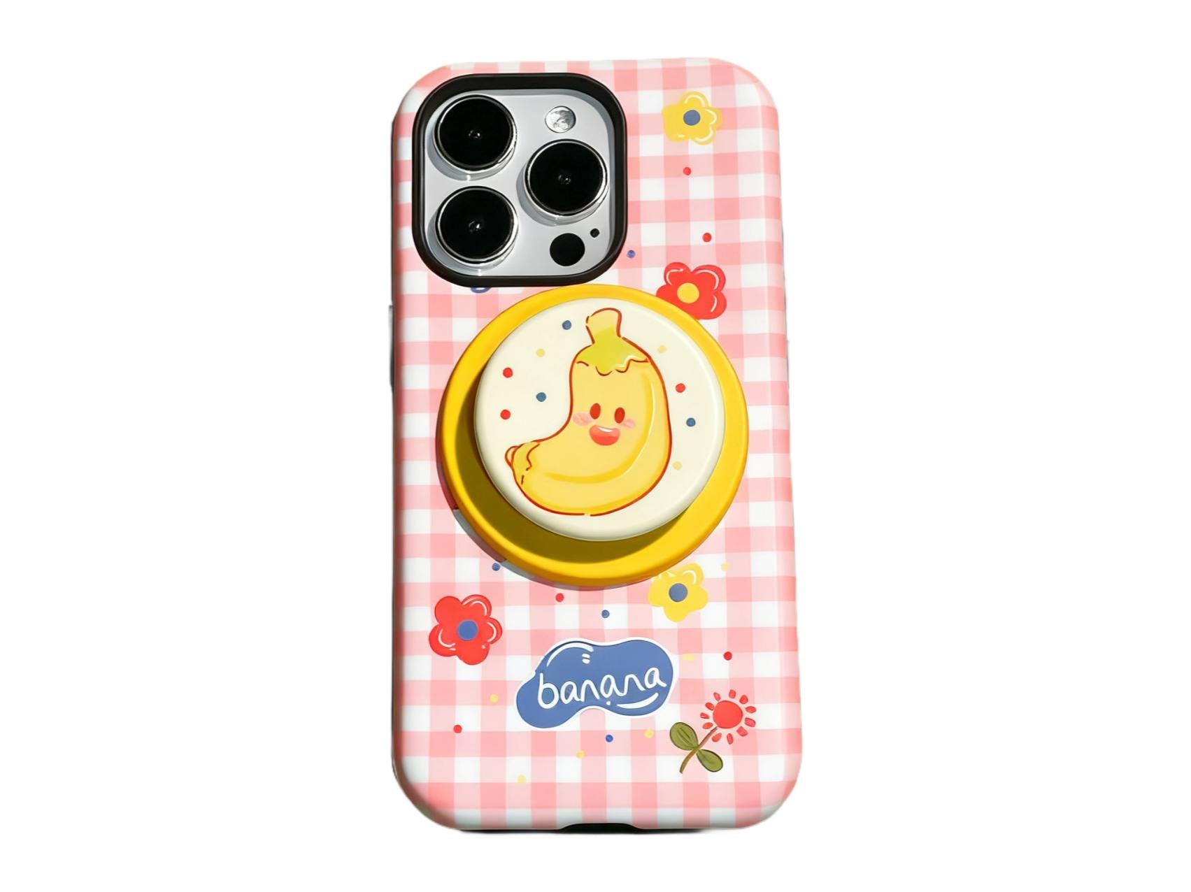 Cute Gingham Pattern Phone Case with Magnetic Phone Grip, Apple & Banana Cartoon Design Hard Case - Stylish & Protective, Model Updated to iPhone 17