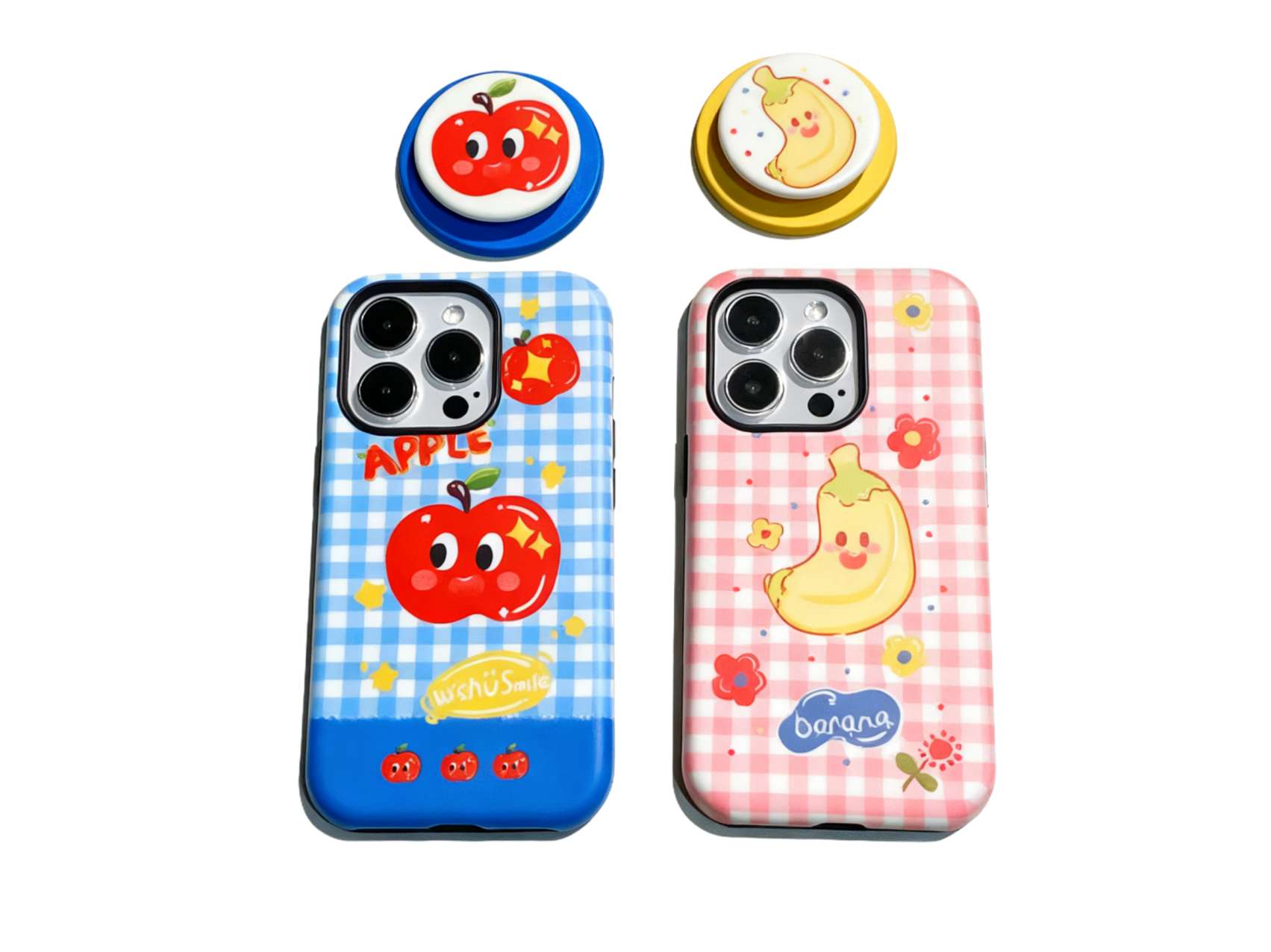 Cute Gingham Pattern Phone Case with Magnetic Phone Grip, Apple & Banana Cartoon Design Hard Case - Stylish & Protective, Model Updated to iPhone 17
