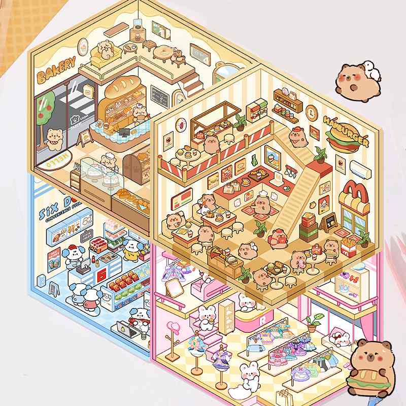 [Standard] 2.5D Scenic Stickers: Bear Bakery & Capibala Restaurant & Puppy Supermarket & Rabbit Clothing Store